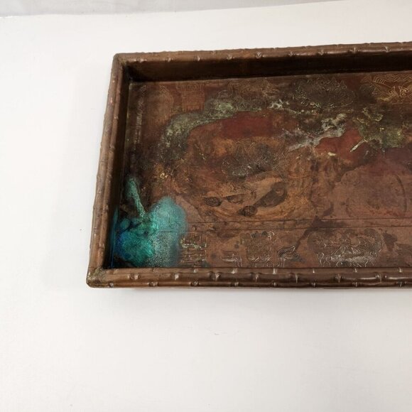 Chinese Copper Serving Tray Dragon Fish Symbols Bamboo Motif Antique 26x8" - Picture 2 of 14